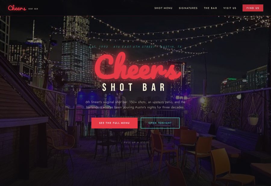 Cheers Shot Bar website screenshot
