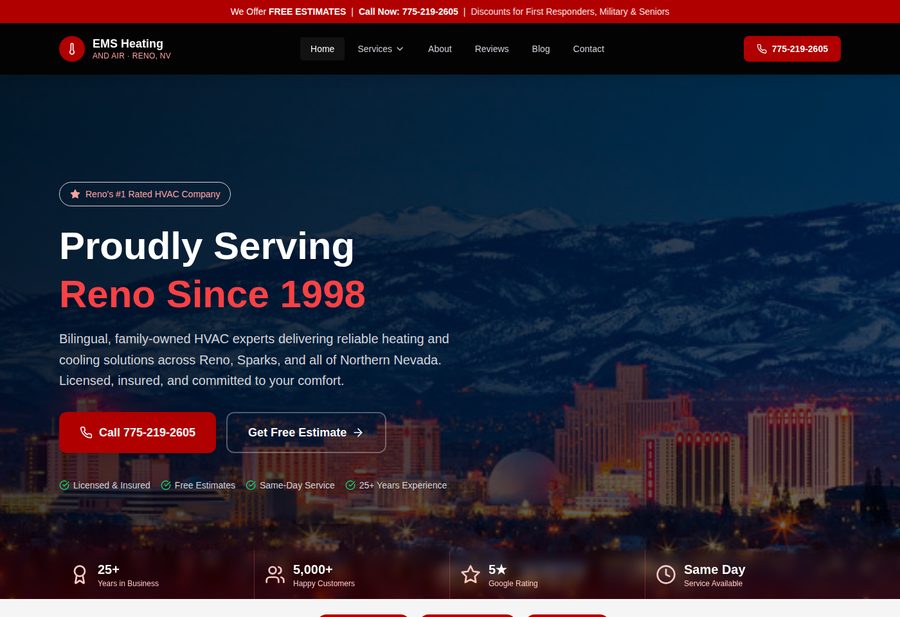 EMS Reno HVAC website screenshot
